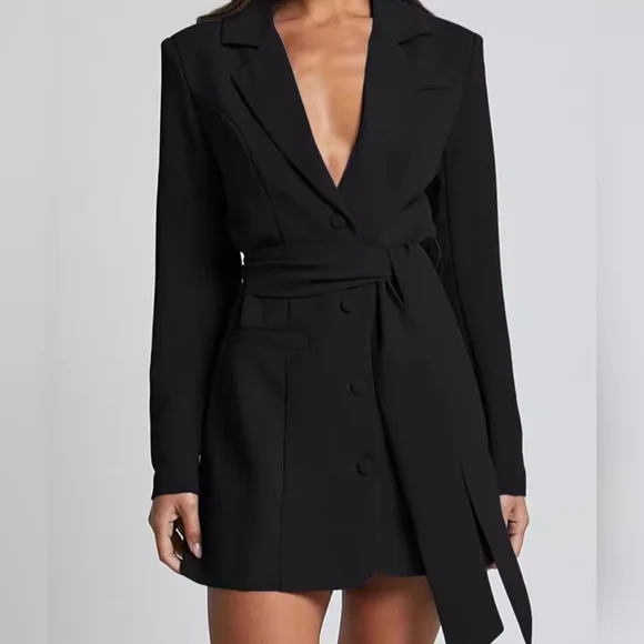 Stylish Black Tie Waist Blazer Dress - Picture 8 of 10